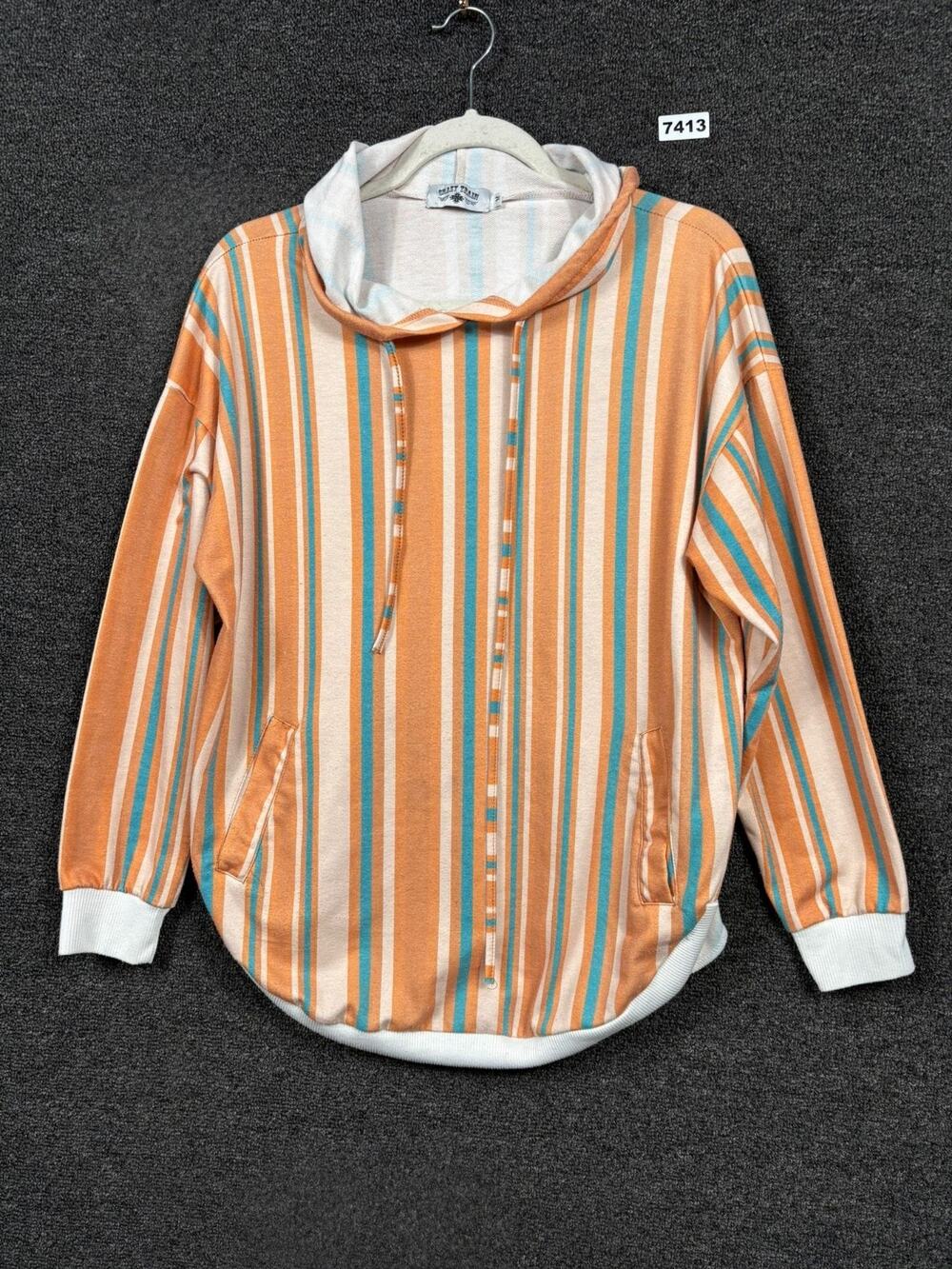 Crazy Train Striped Hoodie Size M Orange Teal Casual Western Boho Southwestern